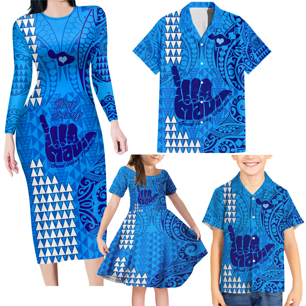 strong-maui-family-long-sleeve-bodycon-dress-and-hawaiian-shirt-good-living-hawaii-with-shaka-sign-kakau-tribal-blue