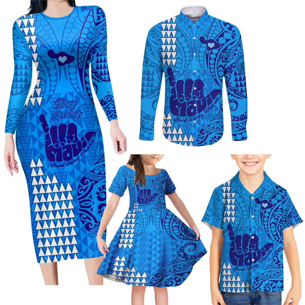 Strong Maui Family Matching Long Sleeve Bodycon Dress and Hawaiian Shirt Good Living Hawaii with Shaka Sign Kakau Tribal Blue LT9 - Wonder Print Shop