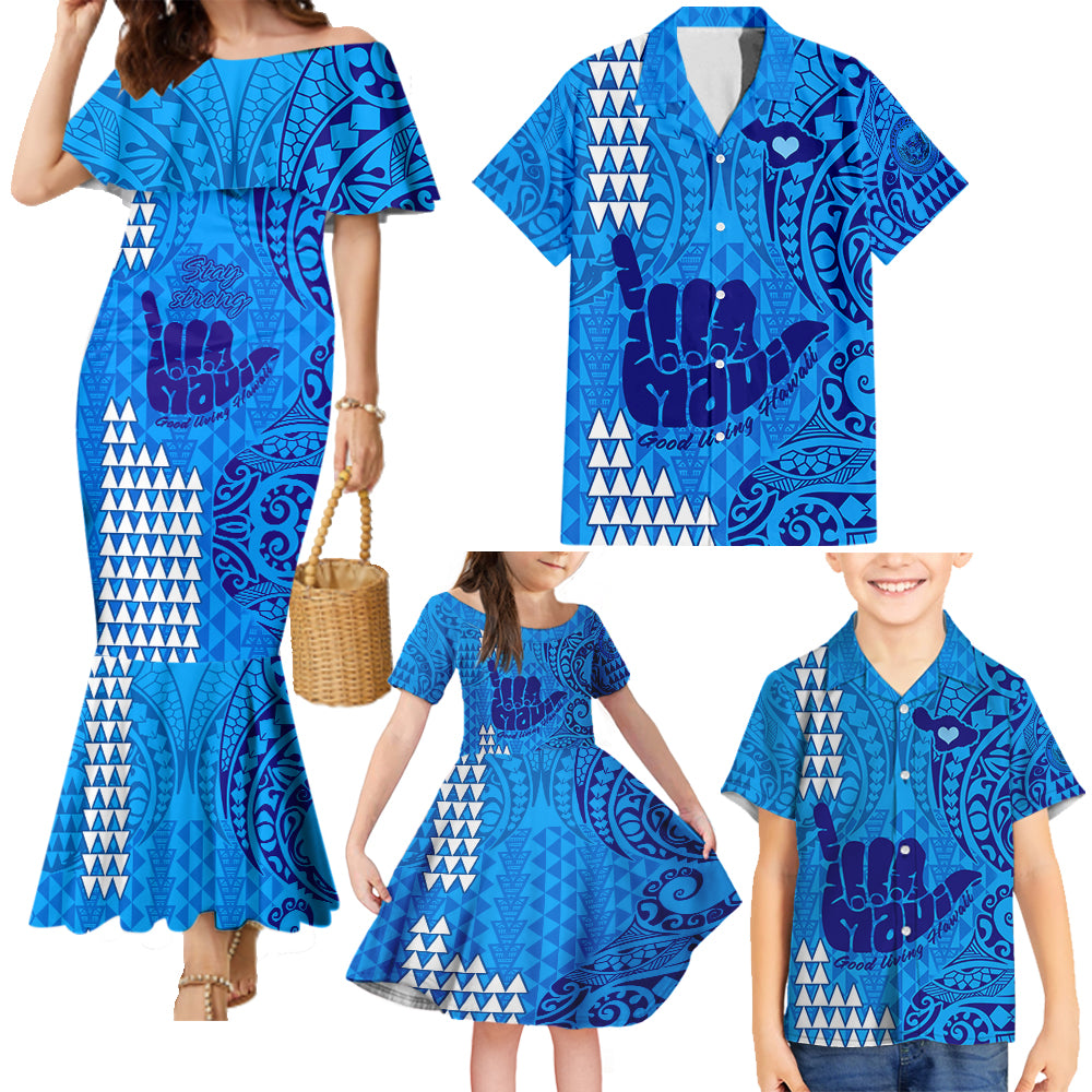 strong-maui-family-mermaid-dress-and-hawaiian-shirt-good-living-hawaii-with-shaka-sign-kakau-tribal-blue