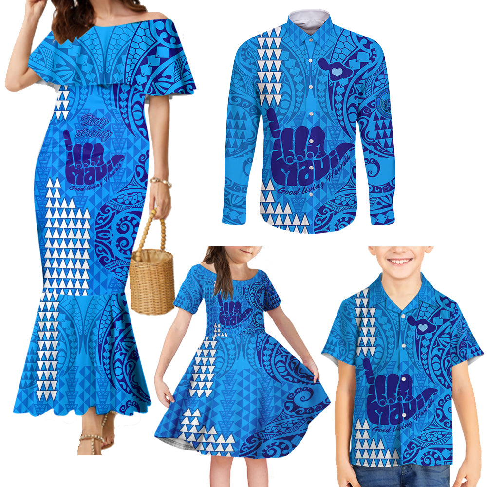 Strong Maui Family Matching Mermaid Dress and Hawaiian Shirt Good Living Hawaii with Shaka Sign Kakau Tribal Blue LT9 - Wonder Print Shop
