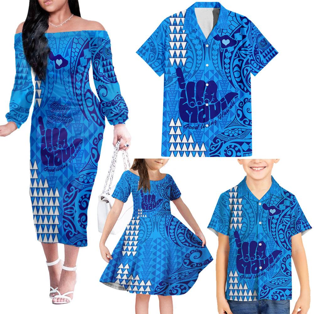 strong-maui-family-off-shoulder-long-sleeve-dress-and-hawaiian-shirt-good-living-hawaii-with-shaka-sign-kakau-tribal-blue