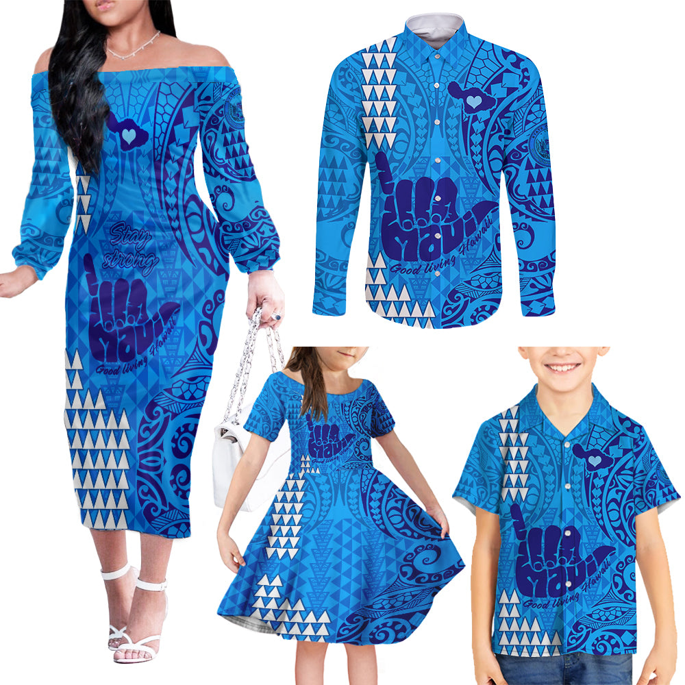 Strong Maui Family Matching Off Shoulder Long Sleeve Dress and Hawaiian Shirt Good Living Hawaii with Shaka Sign Kakau Tribal Blue - Wonder Print Shop