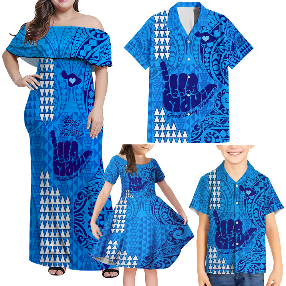 strong-maui-family-off-shoulder-maxi-dress-and-hawaiian-shirt-good-living-hawaii-with-shaka-sign-kakau-tribal-blue