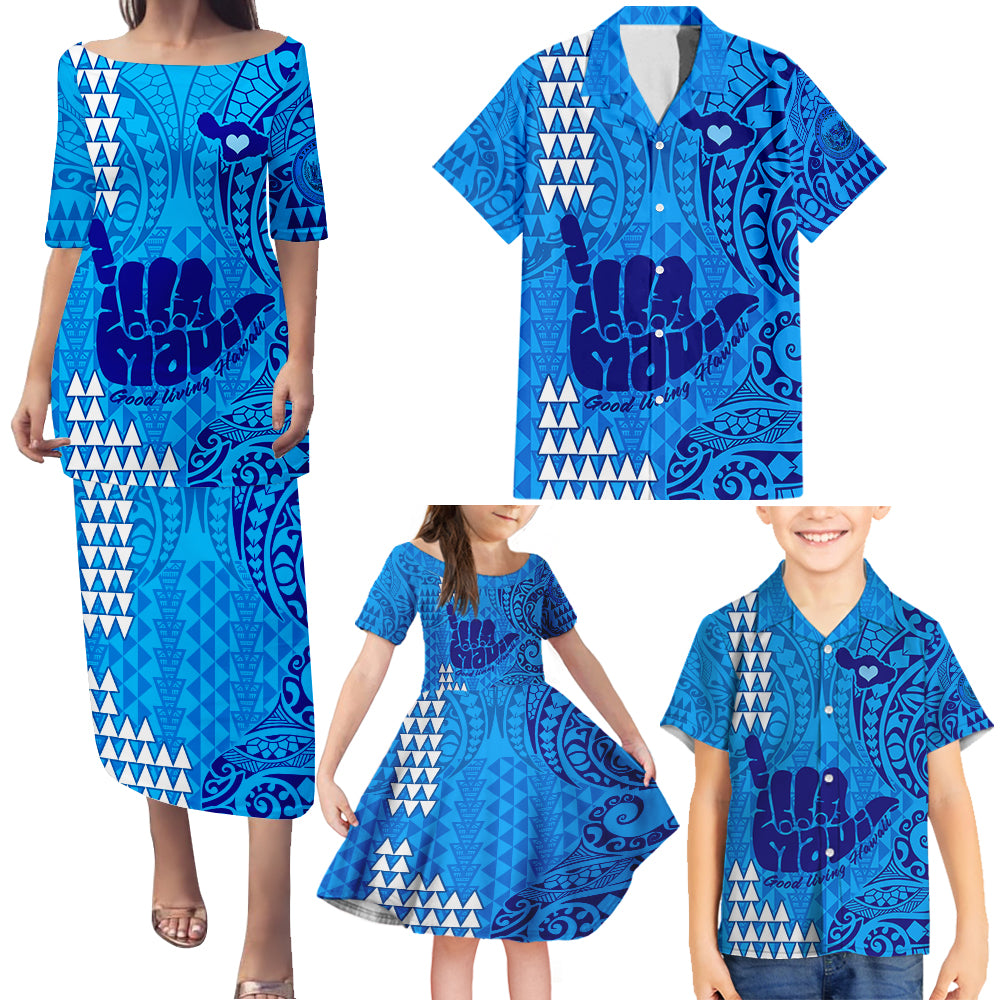 Strong Maui Family Matching Puletasi Dress and Hawaiian Shirt Good Living Hawaii with Shaka Sign Kakau Tribal Blue - Wonder Print Shop