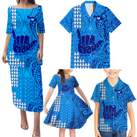 Strong Maui Family Matching Puletasi Dress and Hawaiian Shirt Good Living Hawaii with Shaka Sign Kakau Tribal Blue - Wonder Print Shop