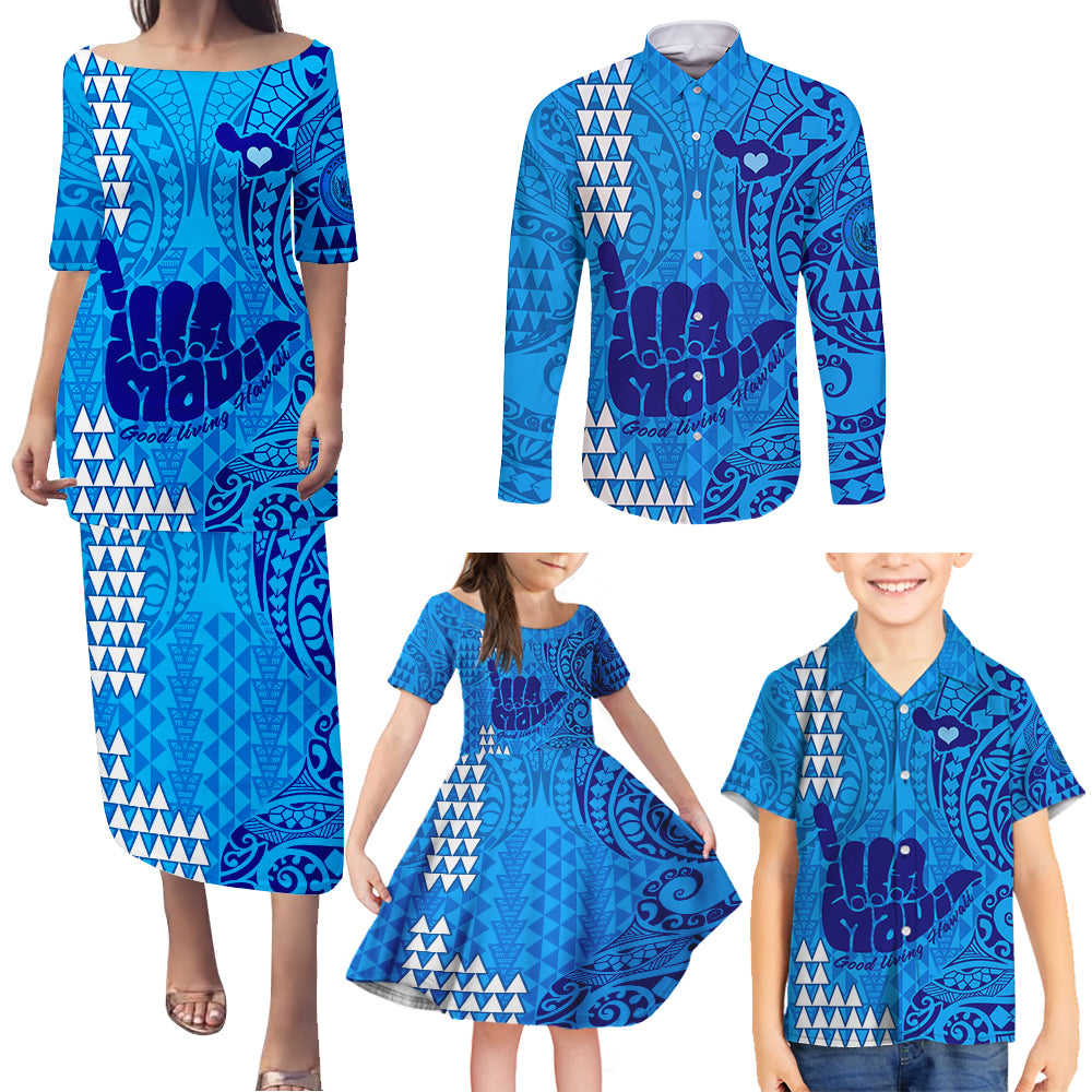 Strong Maui Family Matching Puletasi Dress and Hawaiian Shirt Good Living Hawaii with Shaka Sign Kakau Tribal Blue - Wonder Print Shop