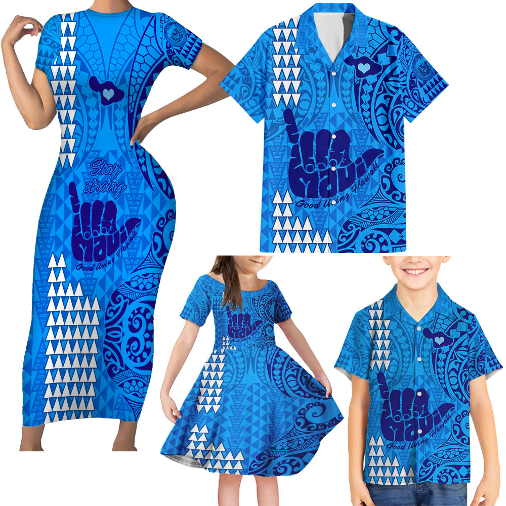 Strong Maui Family Matching Short Sleeve Bodycon Dress and Hawaiian Shirt Good Living Hawaii with Shaka Sign Kakau Tribal Blue - Wonder Print Shop