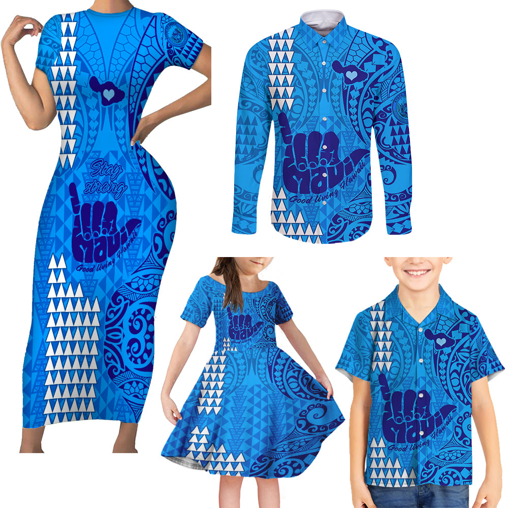 Strong Maui Family Matching Short Sleeve Bodycon Dress and Hawaiian Shirt Good Living Hawaii with Shaka Sign Kakau Tribal Blue - Wonder Print Shop