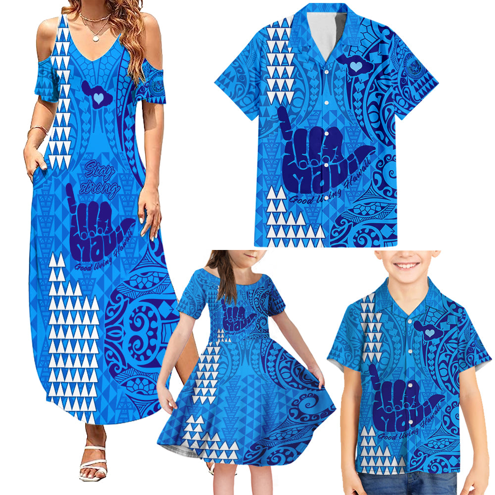 strong-maui-family-summer-maxi-dress-and-hawaiian-shirt-good-living-hawaii-with-shaka-sign-kakau-tribal-blue