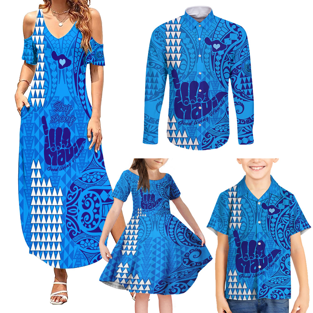 Strong Maui Family Matching Summer Maxi Dress and Hawaiian Shirt Good Living Hawaii with Shaka Sign Kakau Tribal Blue - Wonder Print Shop
