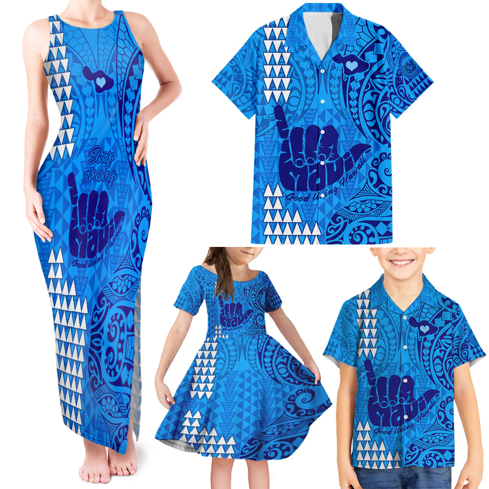 Strong Maui Family Matching Tank Maxi Dress and Hawaiian Shirt Good Living Hawaii with Shaka Sign Kakau Tribal Blue - Wonder Print Shop