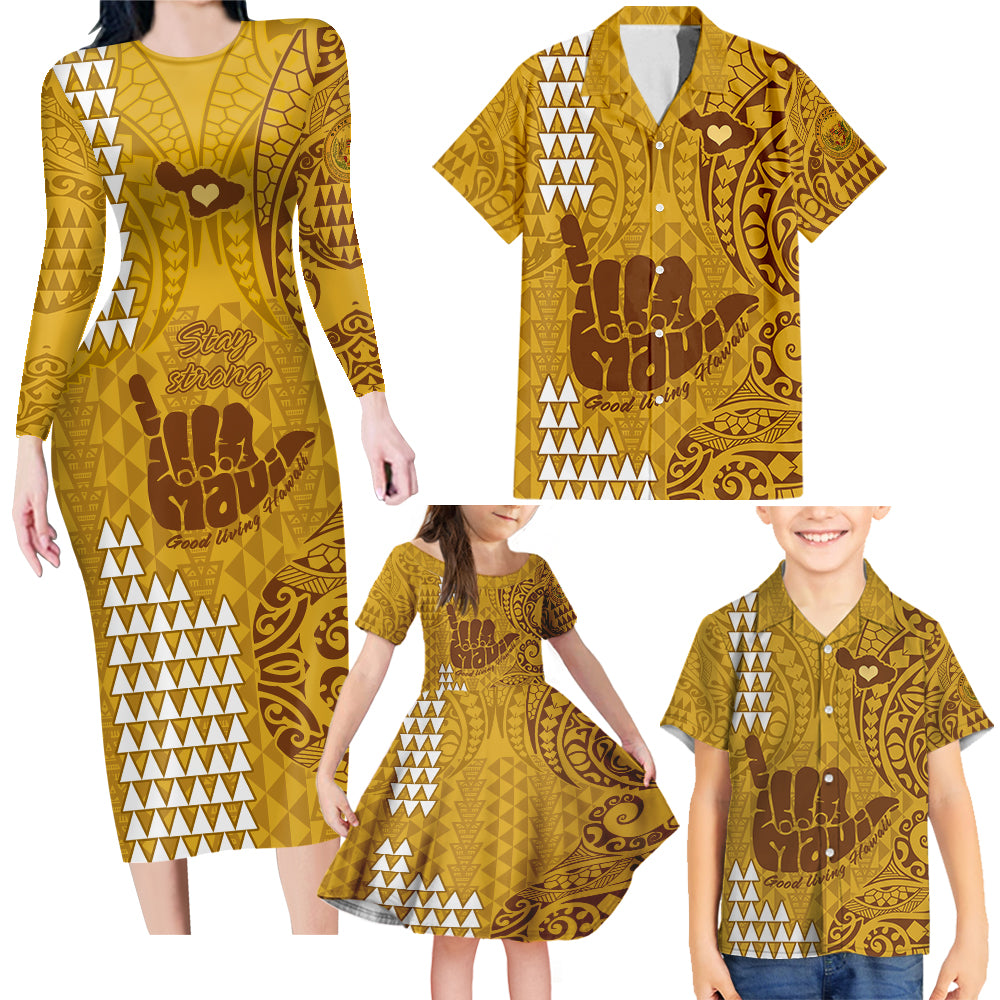 strong-maui-family-long-sleeve-bodycon-dress-and-hawaiian-shirt-good-living-hawaii-with-shaka-sign-kakau-tribal-gold