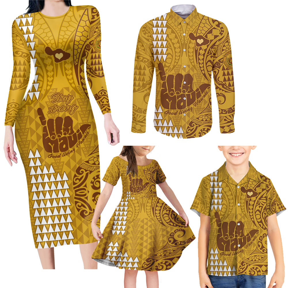 Strong Maui Family Matching Long Sleeve Bodycon Dress and Hawaiian Shirt Good Living Hawaii with Shaka Sign Kakau Tribal Gold LT9 - Wonder Print Shop