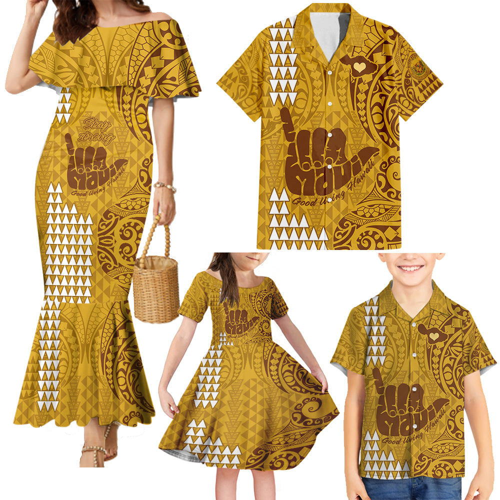 Strong Maui Family Matching Mermaid Dress and Hawaiian Shirt Good Living Hawaii with Shaka Sign Kakau Tribal Gold LT9 - Wonder Print Shop
