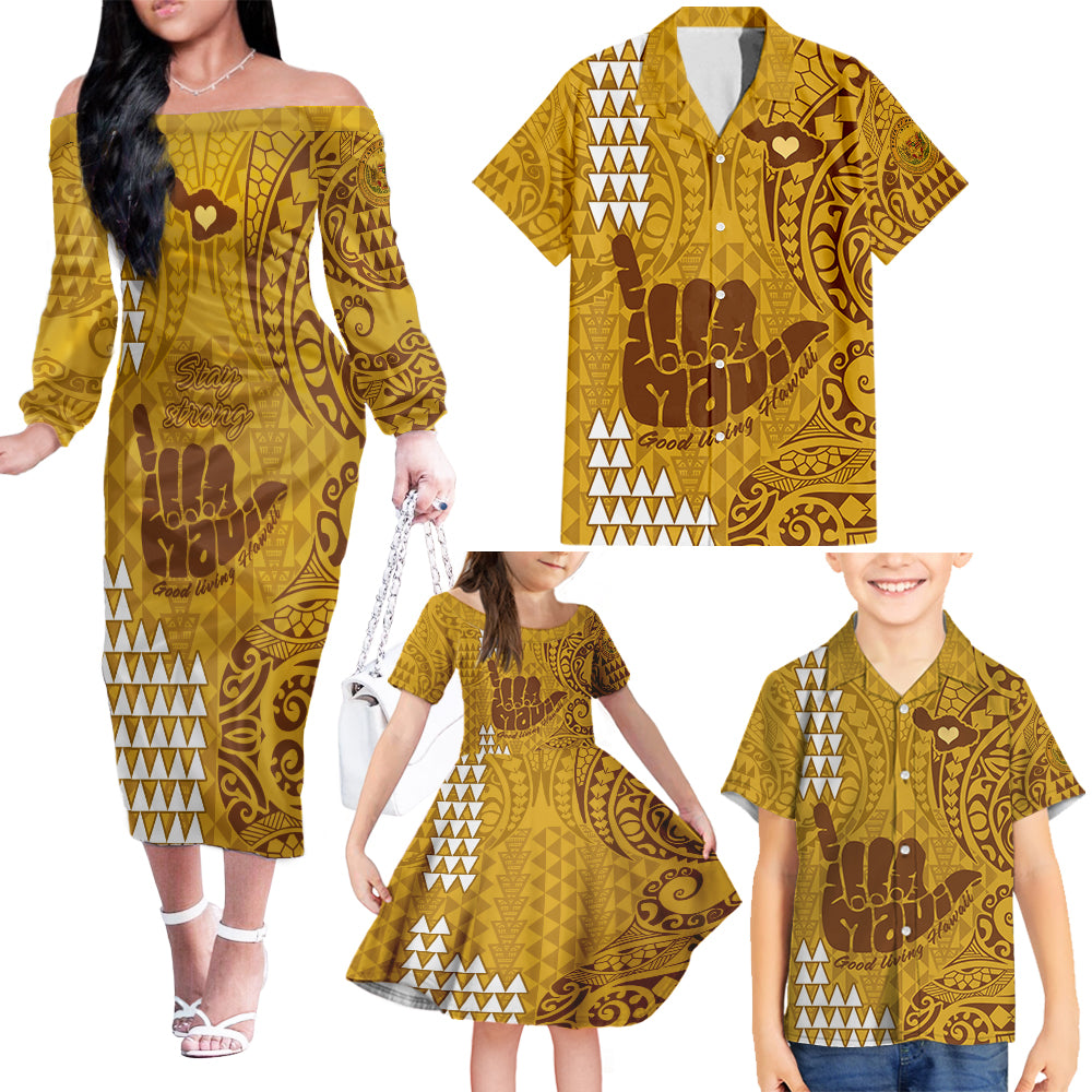 Strong Maui Family Matching Off Shoulder Long Sleeve Dress and Hawaiian Shirt Good Living Hawaii with Shaka Sign Kakau Tribal Gold - Wonder Print Shop