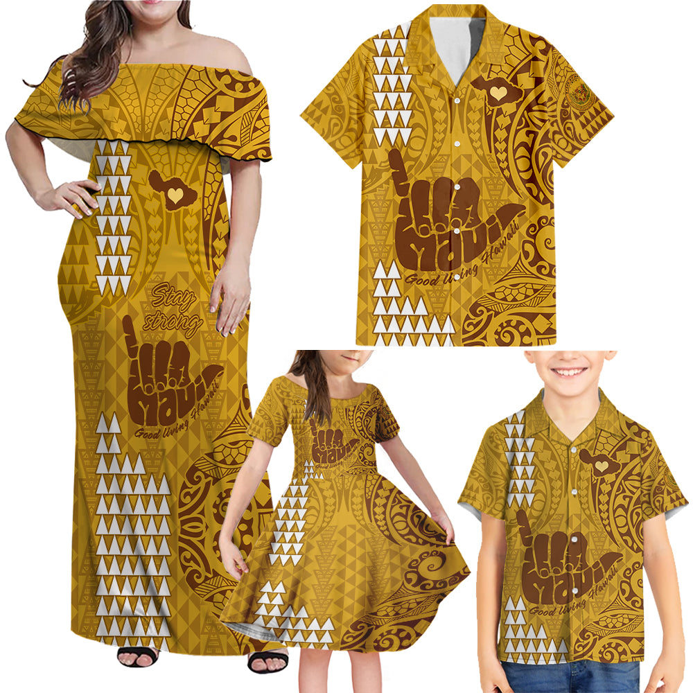 strong-maui-family-off-shoulder-maxi-dress-and-hawaiian-shirt-good-living-hawaii-with-shaka-sign-kakau-tribal-gold