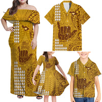 Strong Maui Family Matching Off Shoulder Maxi Dress and Hawaiian Shirt Good Living Hawaii with Shaka Sign Kakau Tribal Gold LT9 - Wonder Print Shop