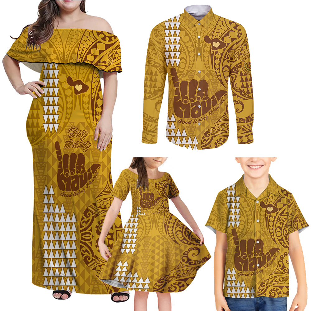 Strong Maui Family Matching Off Shoulder Maxi Dress and Hawaiian Shirt Good Living Hawaii with Shaka Sign Kakau Tribal Gold LT9 - Wonder Print Shop