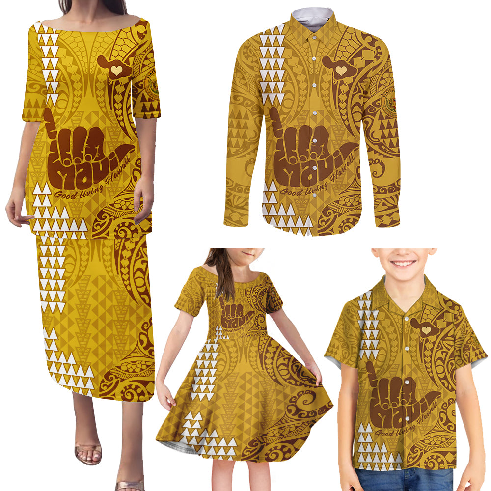 Strong Maui Family Matching Puletasi Dress and Hawaiian Shirt Good Living Hawaii with Shaka Sign Kakau Tribal Gold - Wonder Print Shop