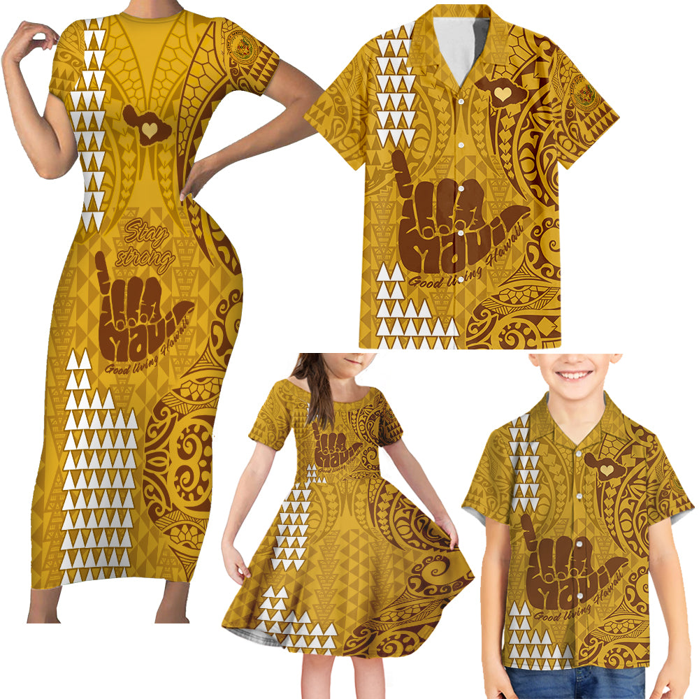 Strong Maui Family Matching Short Sleeve Bodycon Dress and Hawaiian Shirt Good Living Hawaii with Shaka Sign Kakau Tribal Gold - Wonder Print Shop
