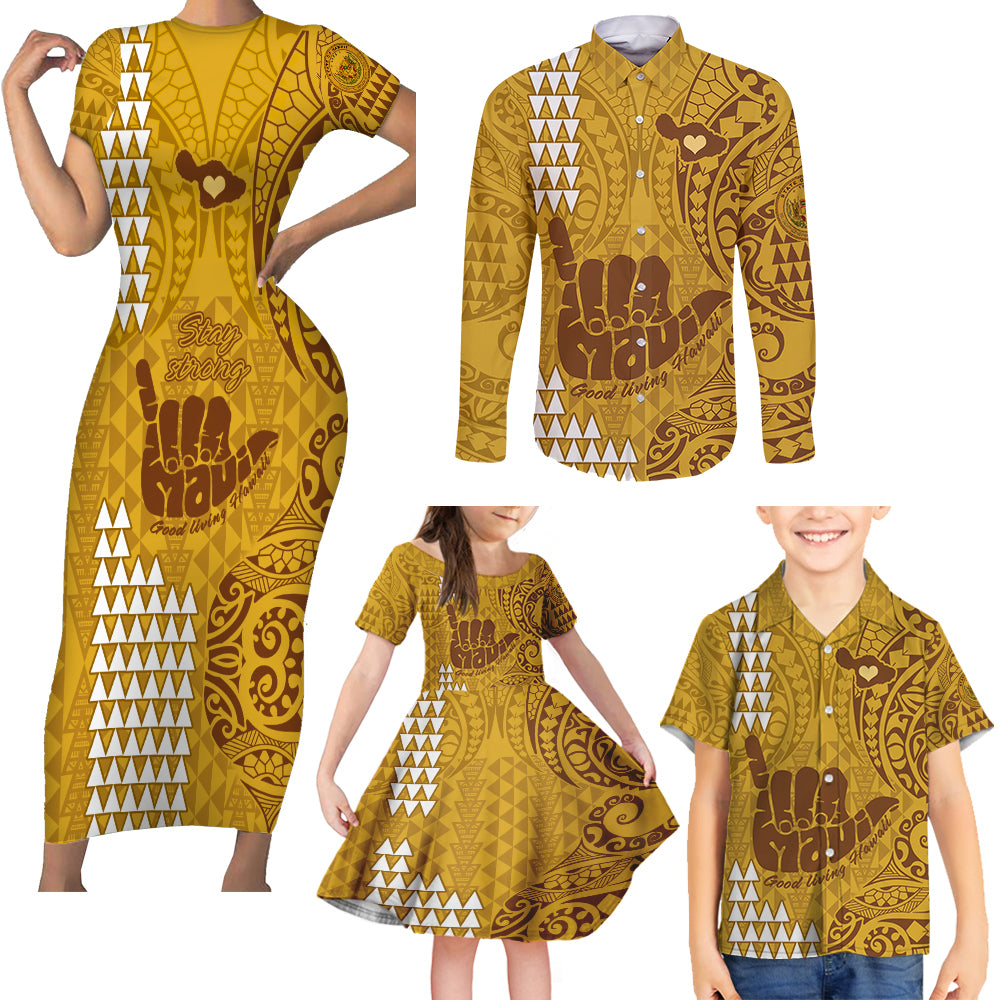 Strong Maui Family Matching Short Sleeve Bodycon Dress and Hawaiian Shirt Good Living Hawaii with Shaka Sign Kakau Tribal Gold - Wonder Print Shop
