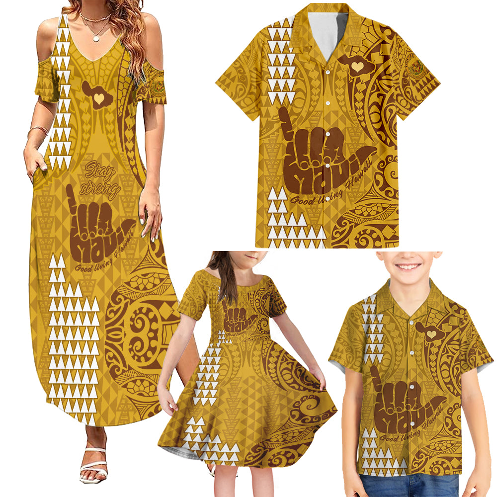 strong-maui-family-summer-maxi-dress-and-hawaiian-shirt-good-living-hawaii-with-shaka-sign-kakau-tribal-gold