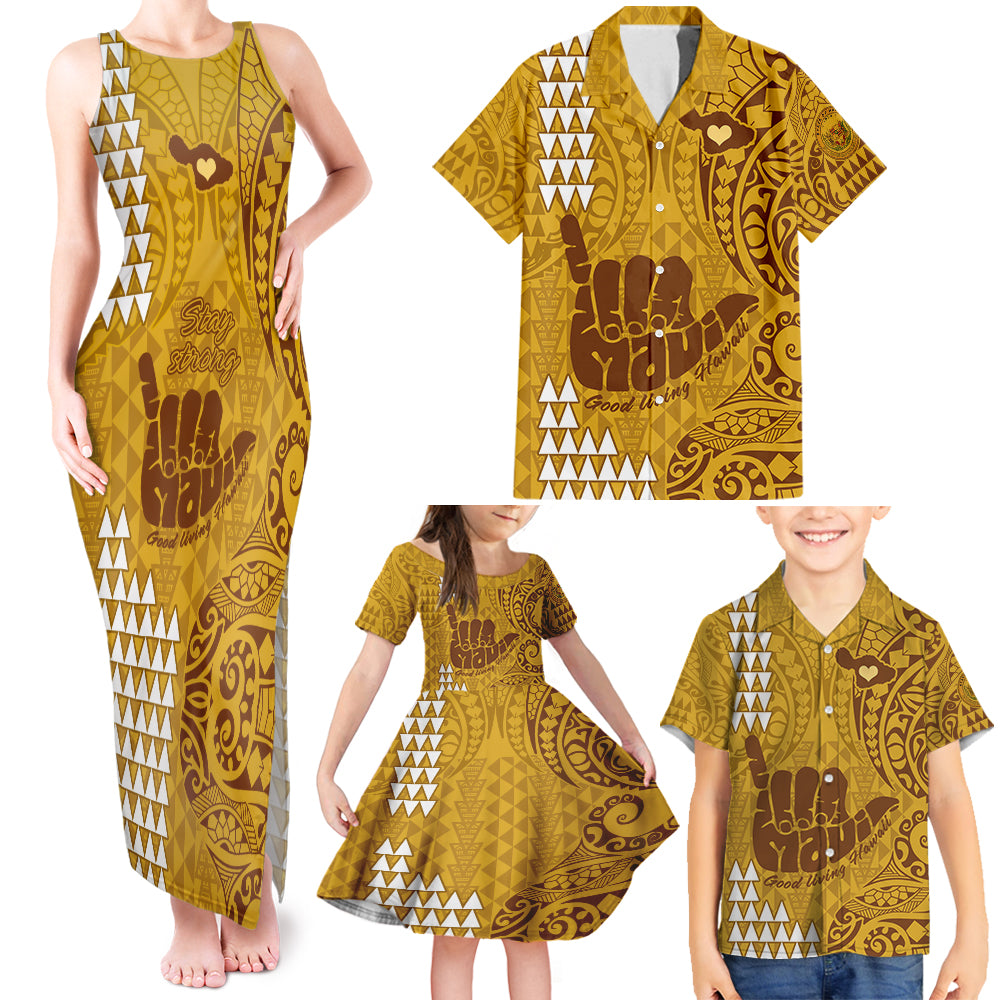 Strong Maui Family Matching Tank Maxi Dress and Hawaiian Shirt Good Living Hawaii with Shaka Sign Kakau Tribal Gold - Wonder Print Shop