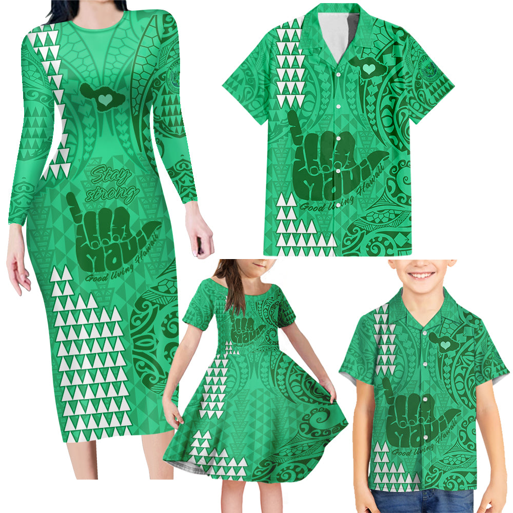 strong-maui-family-long-sleeve-bodycon-dress-and-hawaiian-shirt-good-living-hawaii-with-shaka-sign-kakau-tribal-green