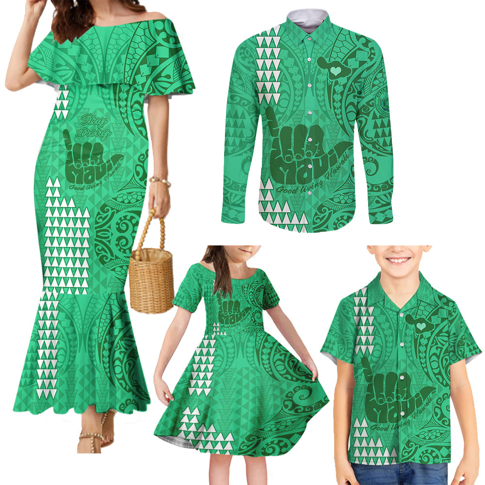 Strong Maui Family Matching Mermaid Dress and Hawaiian Shirt Good Living Hawaii with Shaka Sign Kakau Tribal Green LT9 - Wonder Print Shop
