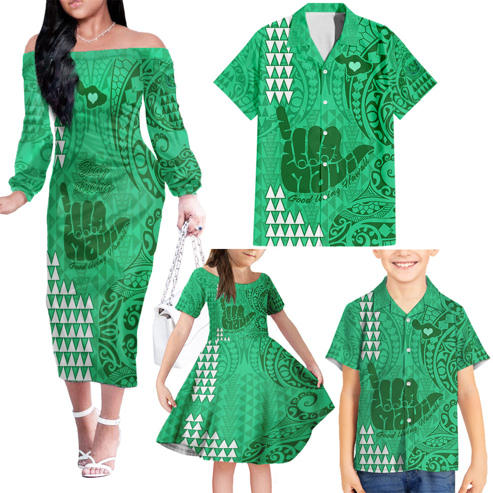 strong-maui-family-off-shoulder-long-sleeve-dress-and-hawaiian-shirt-good-living-hawaii-with-shaka-sign-kakau-tribal-green