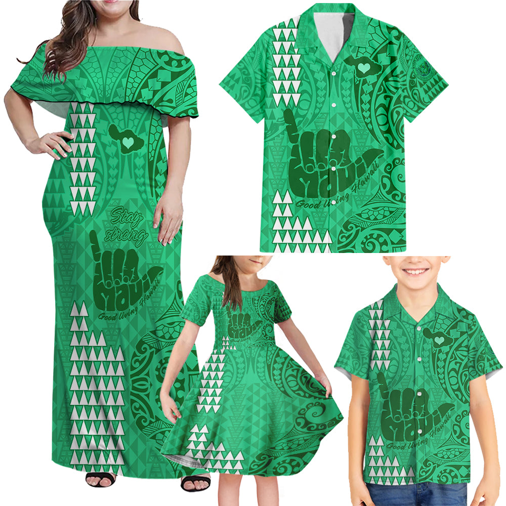 strong-maui-family-off-shoulder-maxi-dress-and-hawaiian-shirt-good-living-hawaii-with-shaka-sign-kakau-tribal-green