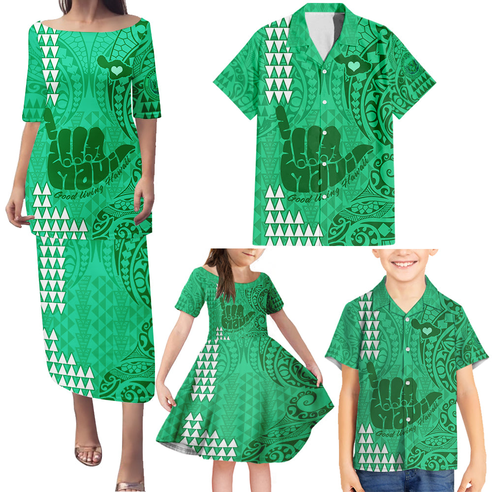 Strong Maui Family Matching Puletasi Dress and Hawaiian Shirt Good Living Hawaii with Shaka Sign Kakau Tribal Green - Wonder Print Shop