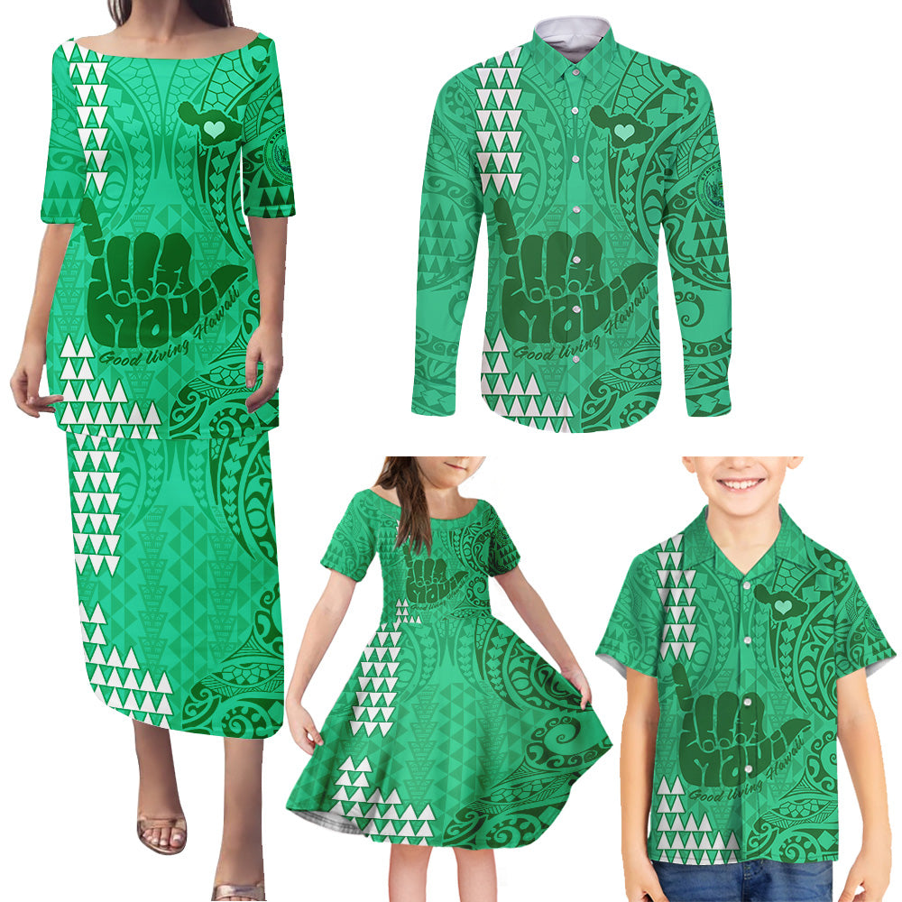 Strong Maui Family Matching Puletasi Dress and Hawaiian Shirt Good Living Hawaii with Shaka Sign Kakau Tribal Green - Wonder Print Shop