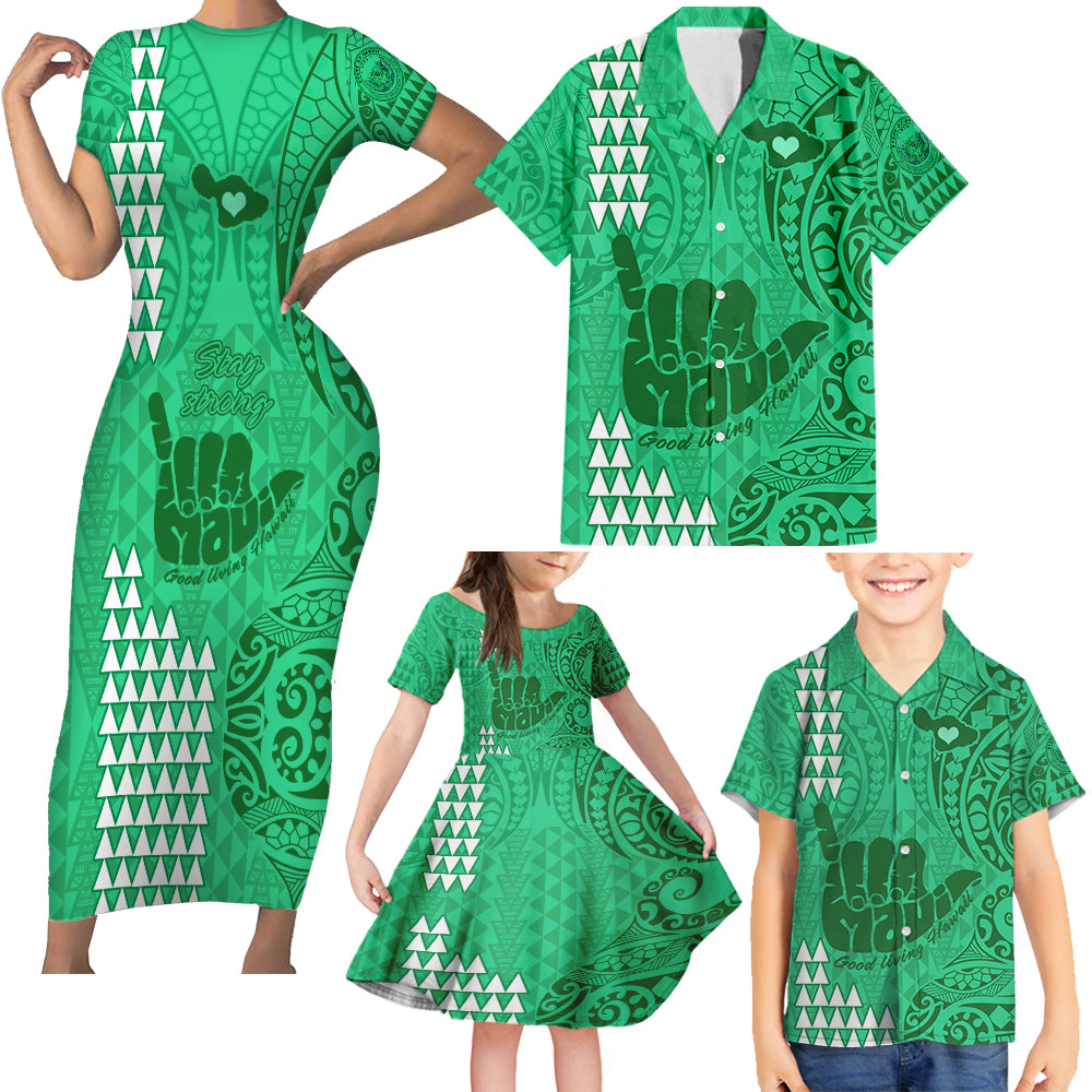 strong-maui-family-short-sleeve-bodycon-dress-and-hawaiian-shirt-good-living-hawaii-with-shaka-sign-kakau-tribal-green