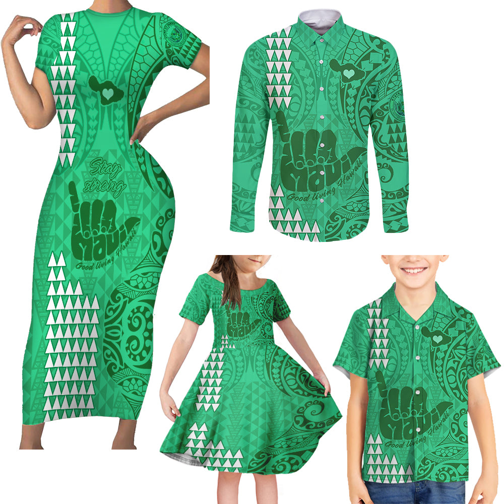 Strong Maui Family Matching Short Sleeve Bodycon Dress and Hawaiian Shirt Good Living Hawaii with Shaka Sign Kakau Tribal Green - Wonder Print Shop