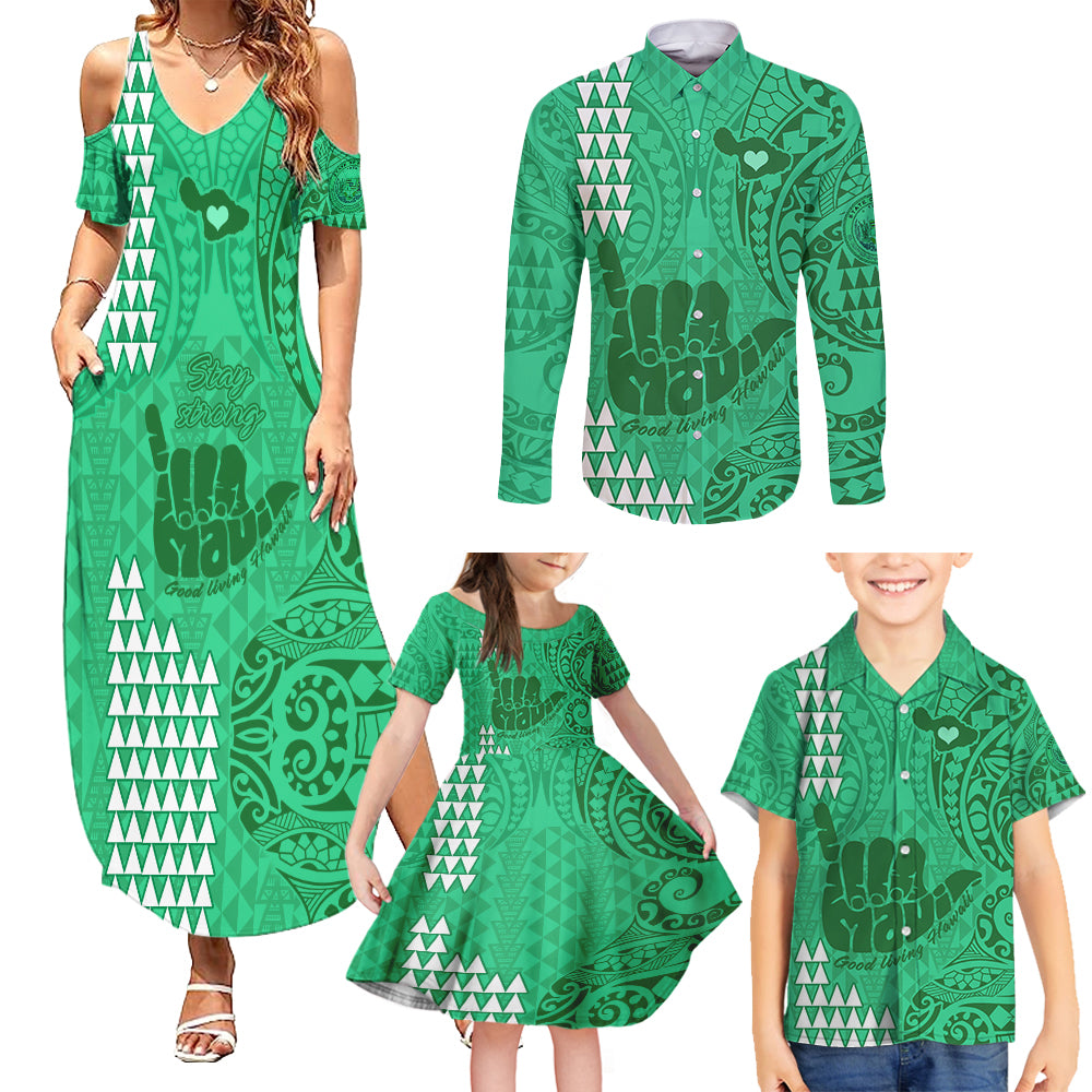 Strong Maui Family Matching Summer Maxi Dress and Hawaiian Shirt Good Living Hawaii with Shaka Sign Kakau Tribal Green - Wonder Print Shop