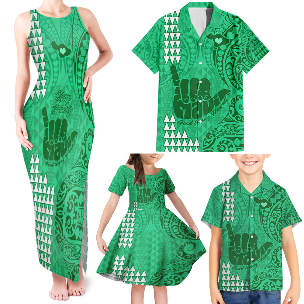 strong-maui-family-tank-maxi-dress-and-hawaiian-shirt-good-living-hawaii-with-shaka-sign-kakau-tribal-green