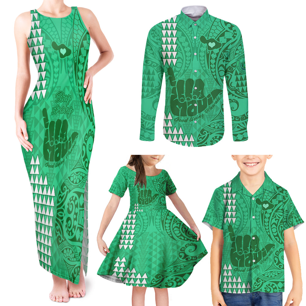 Strong Maui Family Matching Tank Maxi Dress and Hawaiian Shirt Good Living Hawaii with Shaka Sign Kakau Tribal Green - Wonder Print Shop