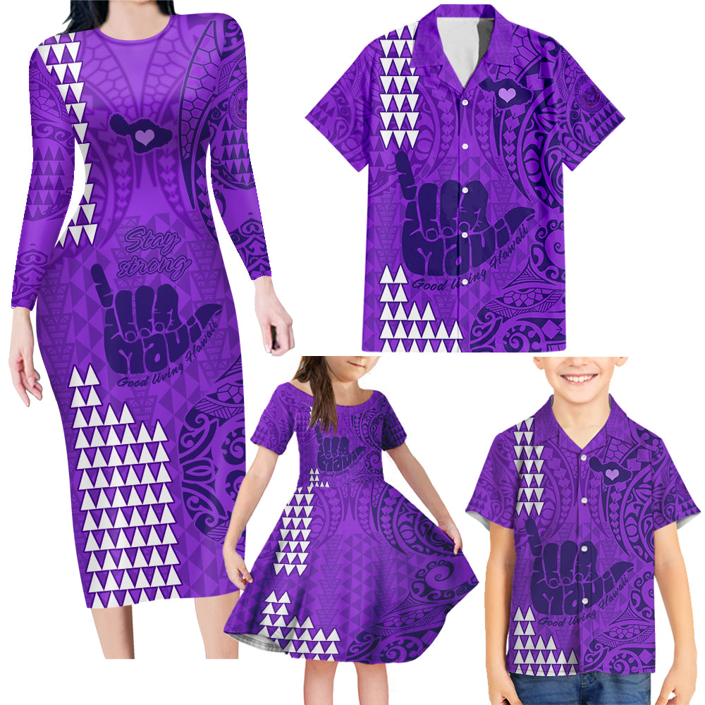 Strong Maui Family Matching Long Sleeve Bodycon Dress and Hawaiian Shirt Good Living Hawaii with Shaka Sign Kakau Tribal Purple LT9 - Wonder Print Shop