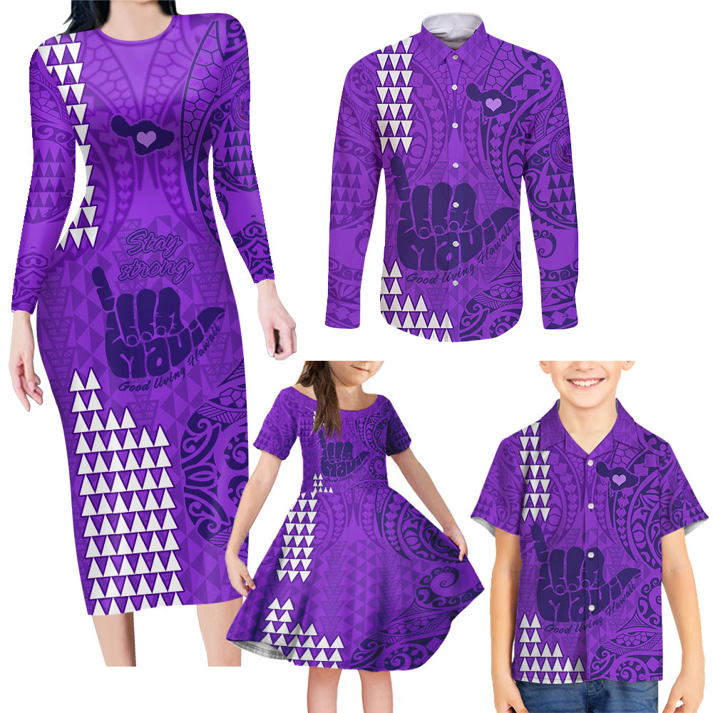 Strong Maui Family Matching Long Sleeve Bodycon Dress and Hawaiian Shirt Good Living Hawaii with Shaka Sign Kakau Tribal Purple LT9 - Wonder Print Shop