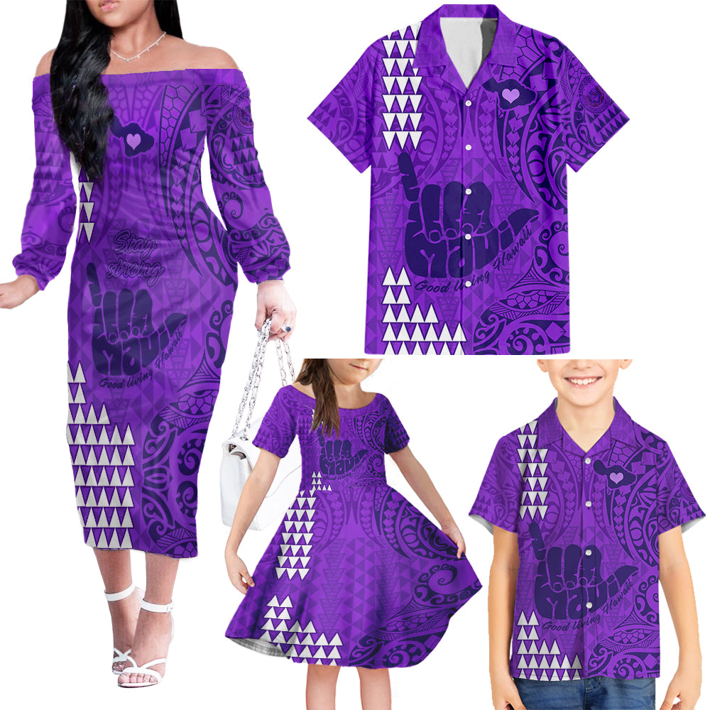 Strong Maui Family Matching Off Shoulder Long Sleeve Dress and Hawaiian Shirt Good Living Hawaii with Shaka Sign Kakau Tribal Purple - Wonder Print Shop