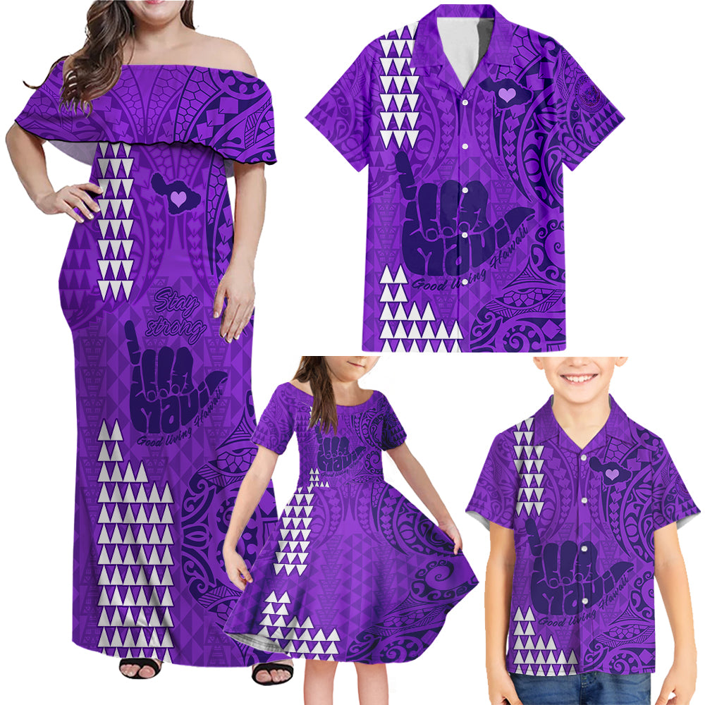 strong-maui-family-off-shoulder-maxi-dress-and-hawaiian-shirt-good-living-hawaii-with-shaka-sign-kakau-tribal-purple