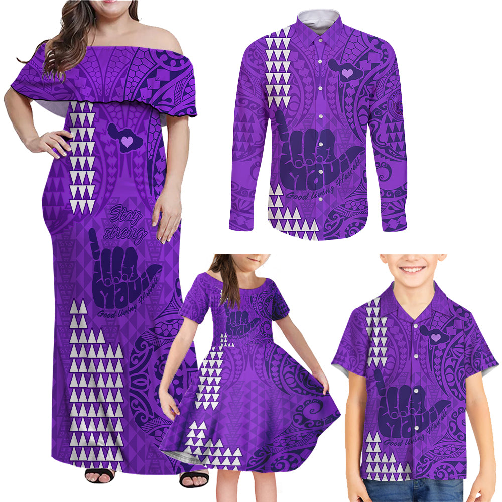 Strong Maui Family Matching Off Shoulder Maxi Dress and Hawaiian Shirt Good Living Hawaii with Shaka Sign Kakau Tribal Purple LT9 - Wonder Print Shop