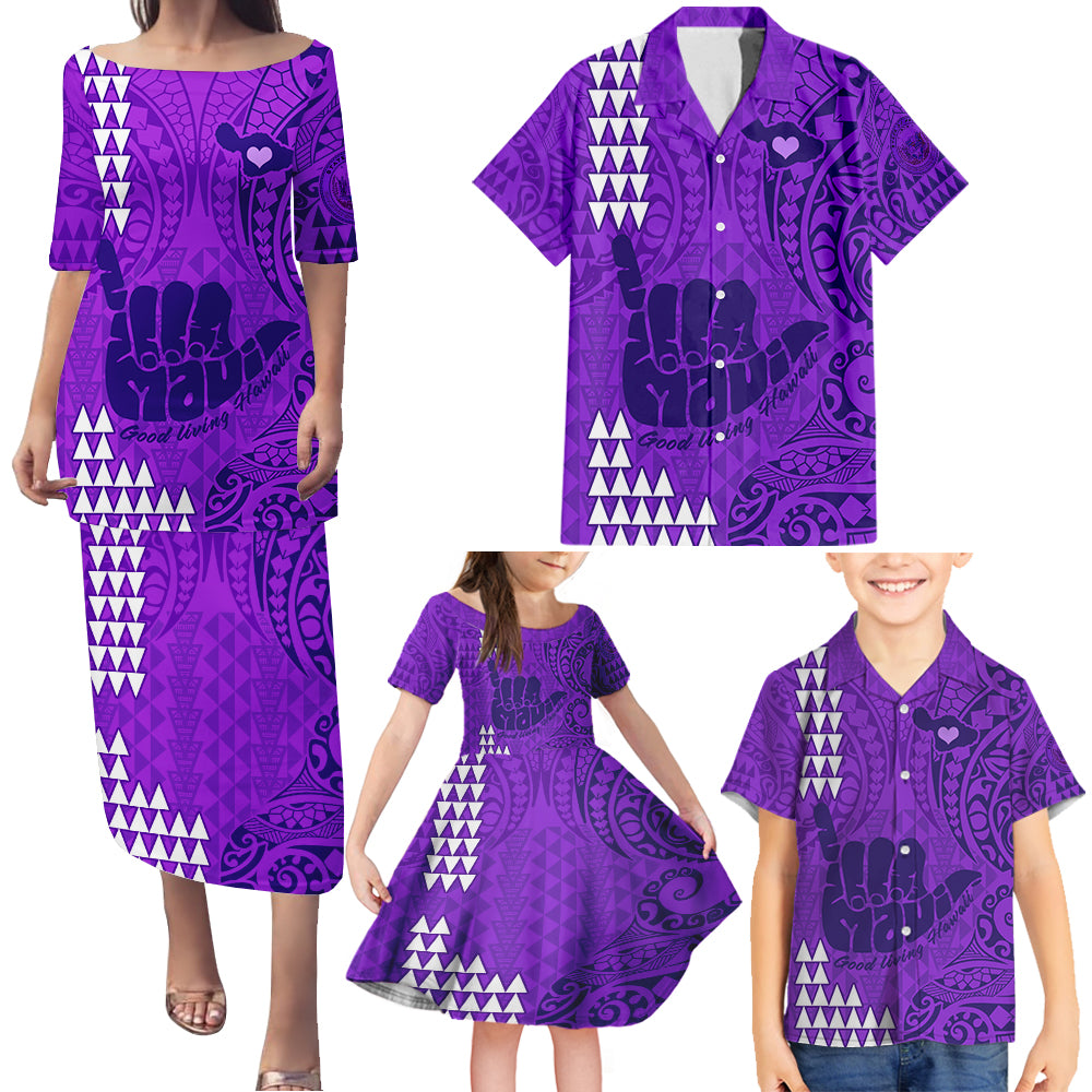 strong-maui-family-puletasi-dress-and-hawaiian-shirt-good-living-hawaii-with-shaka-sign-kakau-tribal-purple