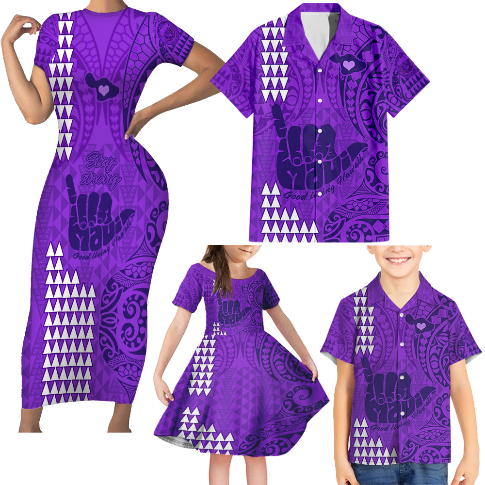 Strong Maui Family Matching Short Sleeve Bodycon Dress and Hawaiian Shirt Good Living Hawaii with Shaka Sign Kakau Tribal Purple - Wonder Print Shop