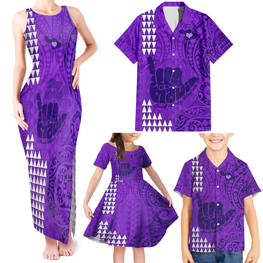 Strong Maui Family Matching Tank Maxi Dress and Hawaiian Shirt Good Living Hawaii with Shaka Sign Kakau Tribal Purple - Wonder Print Shop