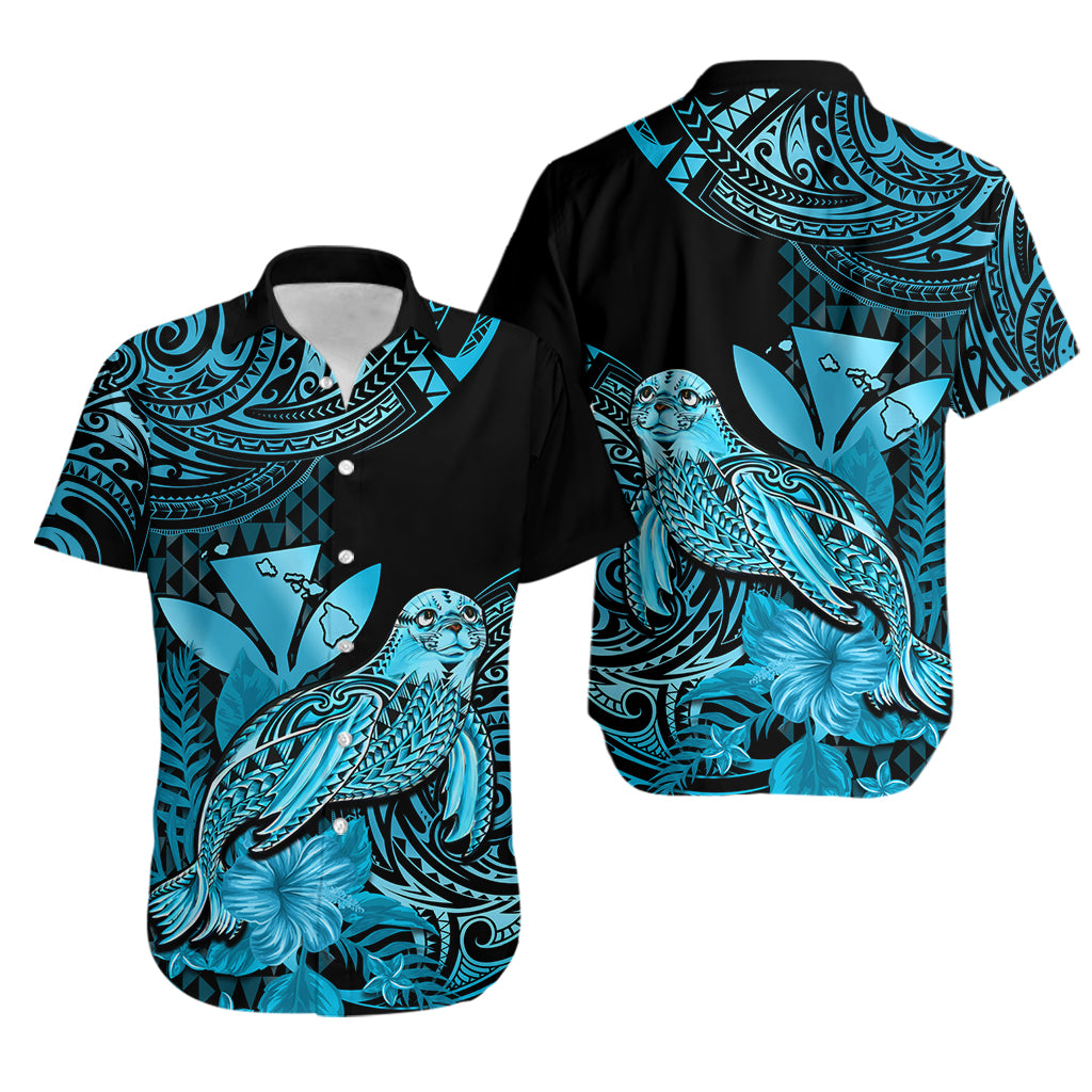 Matching Outfit For Couples Hawaii Monk Seal Puletasi Dress and Hawaiian Shirt Polynesian Kakau With Kanaka Turquoise - Wonder Print Shop