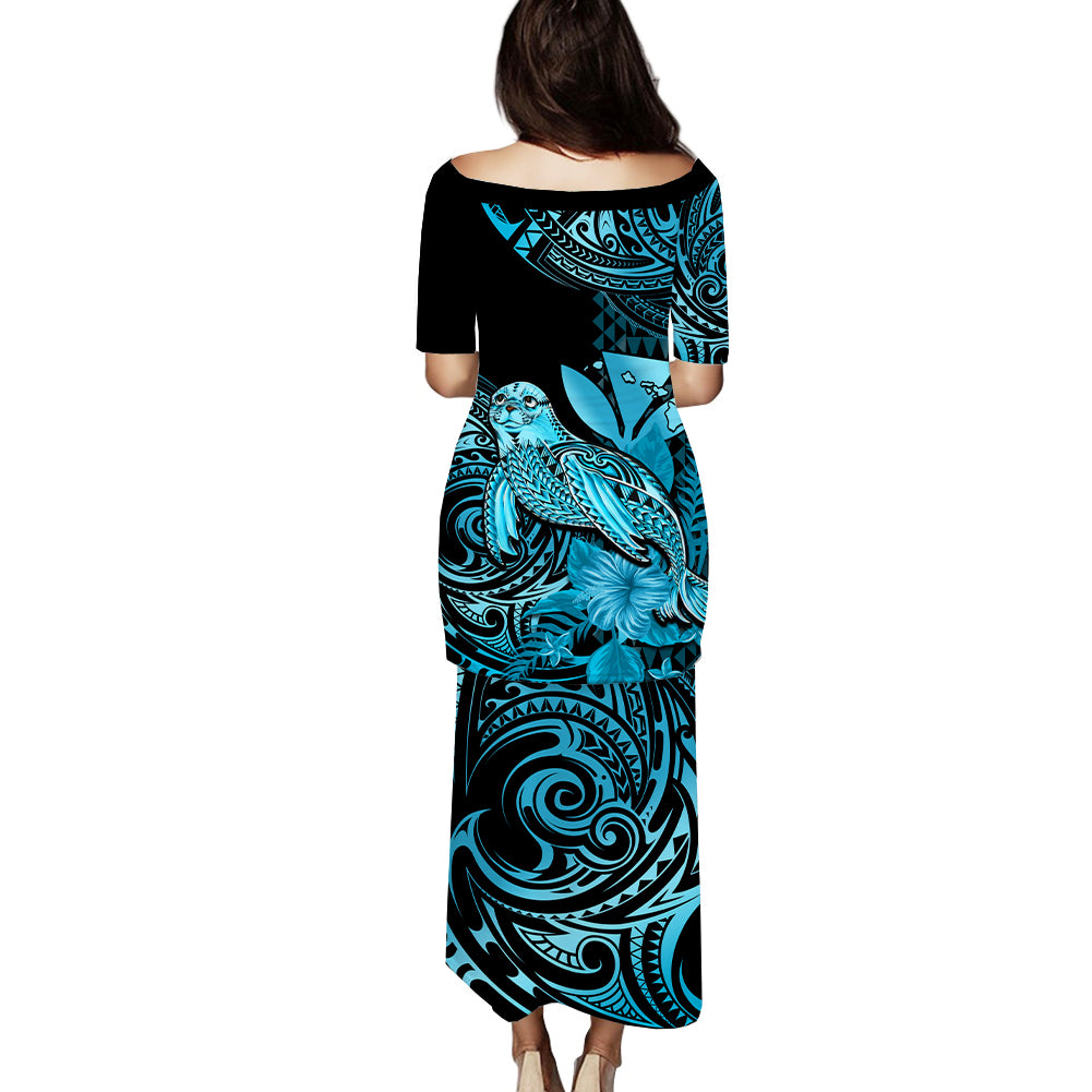 Matching Outfit For Couples Hawaii Monk Seal Puletasi Dress and Hawaiian Shirt Polynesian Kakau With Kanaka Turquoise - Wonder Print Shop