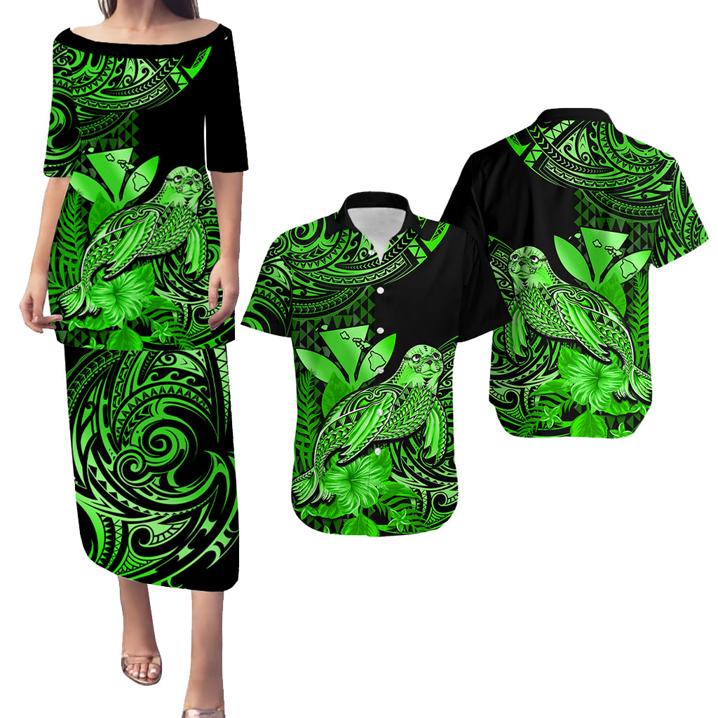 Matching Outfit For Couples Hawaii Monk Seal Puletasi Dress and Hawaiian Shirt Polynesian Kakau With Kanaka Green - Wonder Print Shop