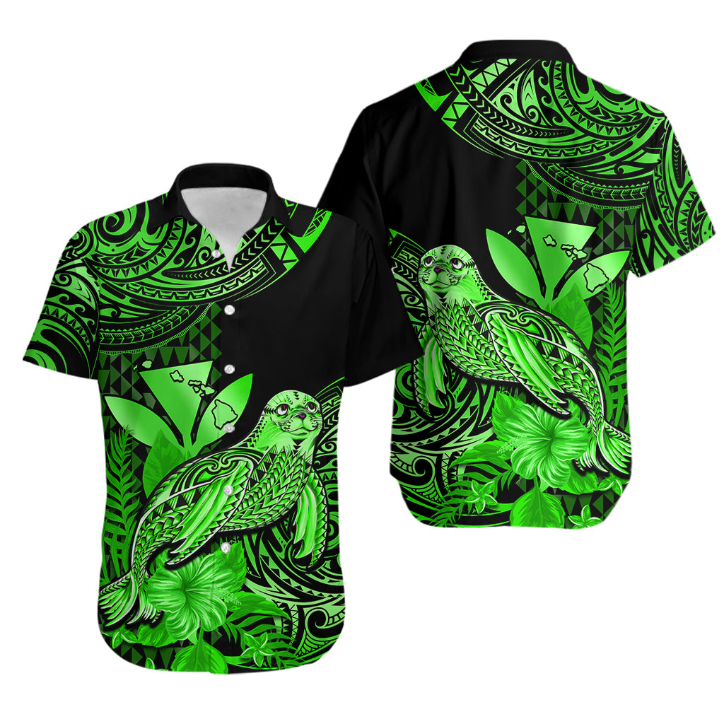 Matching Outfit For Couples Hawaii Monk Seal Puletasi Dress and Hawaiian Shirt Polynesian Kakau With Kanaka Green - Wonder Print Shop